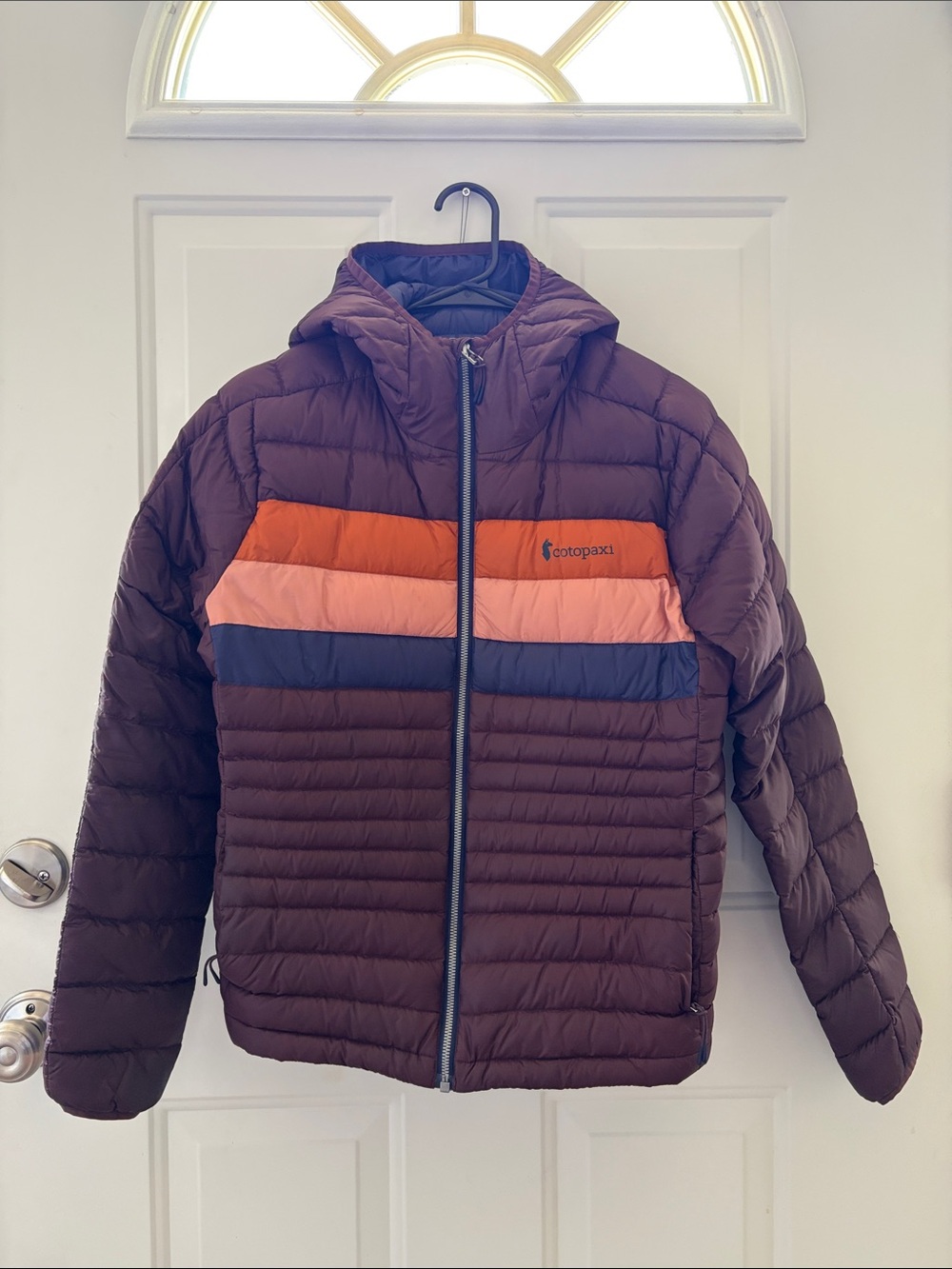 cotopaxi Maroon Puffer Jacket with Orange, Pink & Navy Stripes
